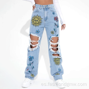 Jeans de talla grande rasgada impresa casual